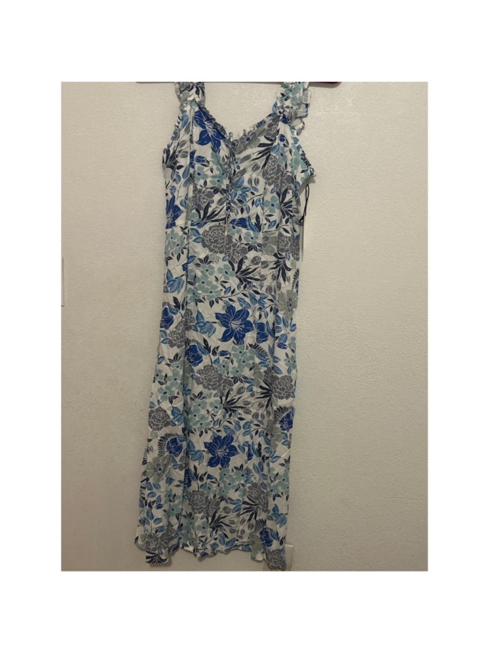 Japna Blue Floral Smocked Midi Dress Lace Up Neck Ruffle Strap Womens M K127